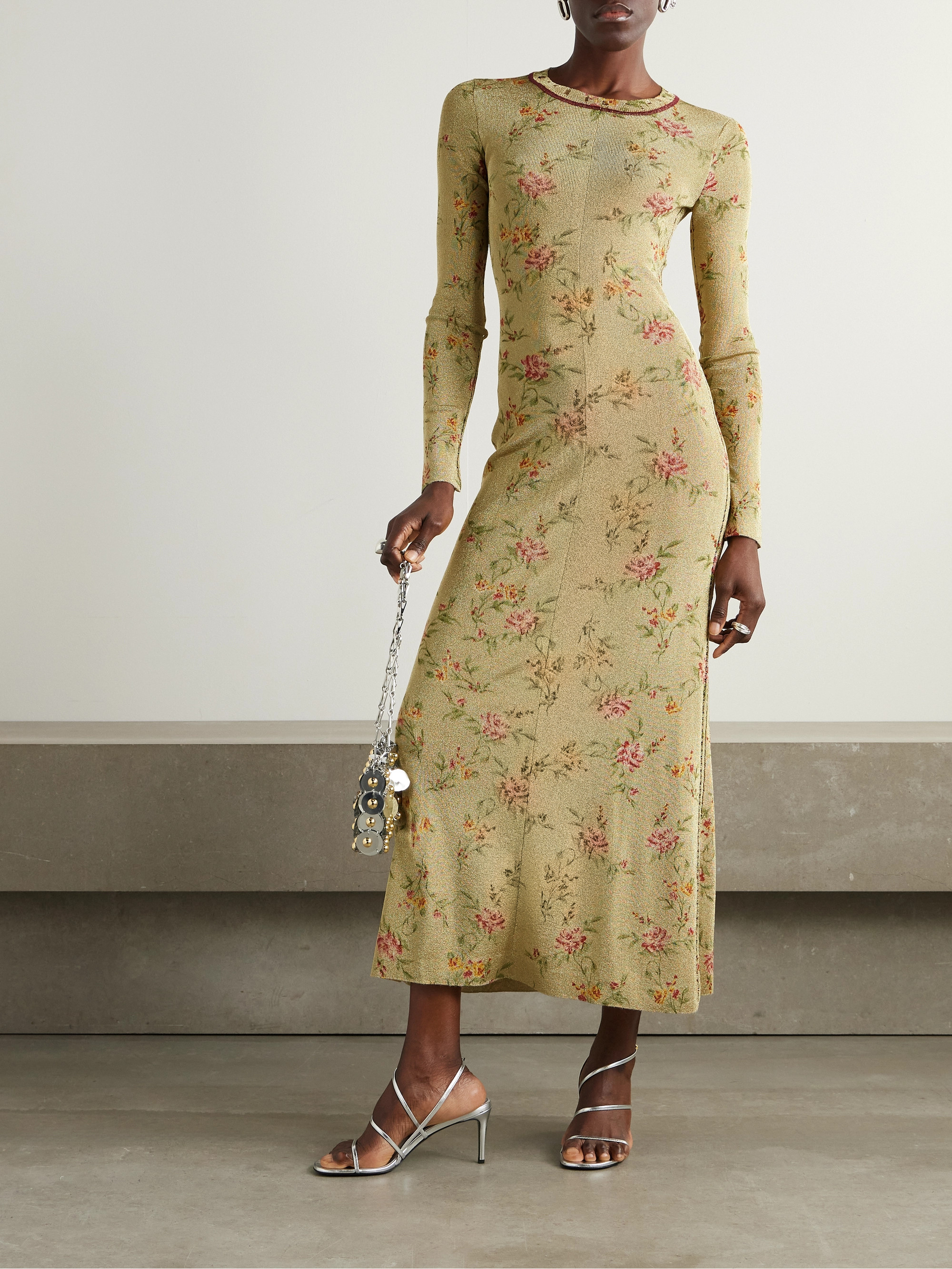 Rabanne Distressed floral-print metallic knitted maxi dress
