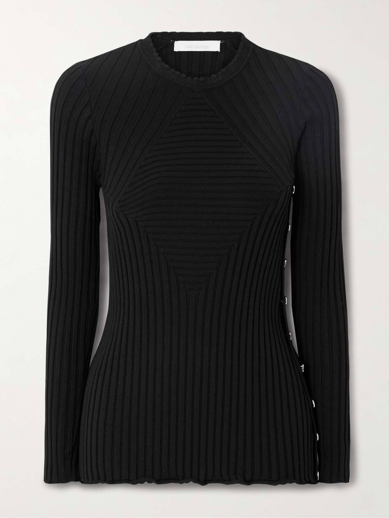 Rabanne Ruffled Ribbed-knit Sweater In Black