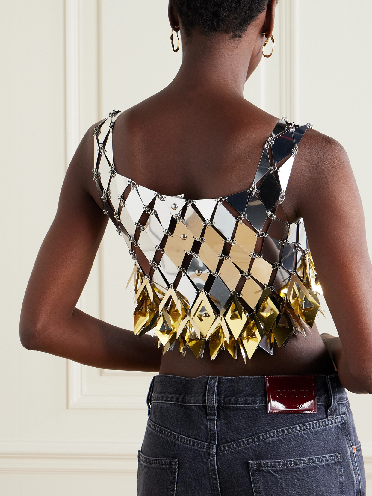 Shop Rabanne Cropped Fringed Chainmail Top In Silver