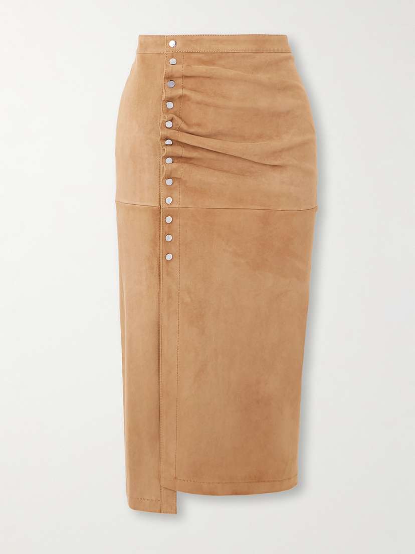 Rabanne Asymmetric Gathered Suede Midi Skirt