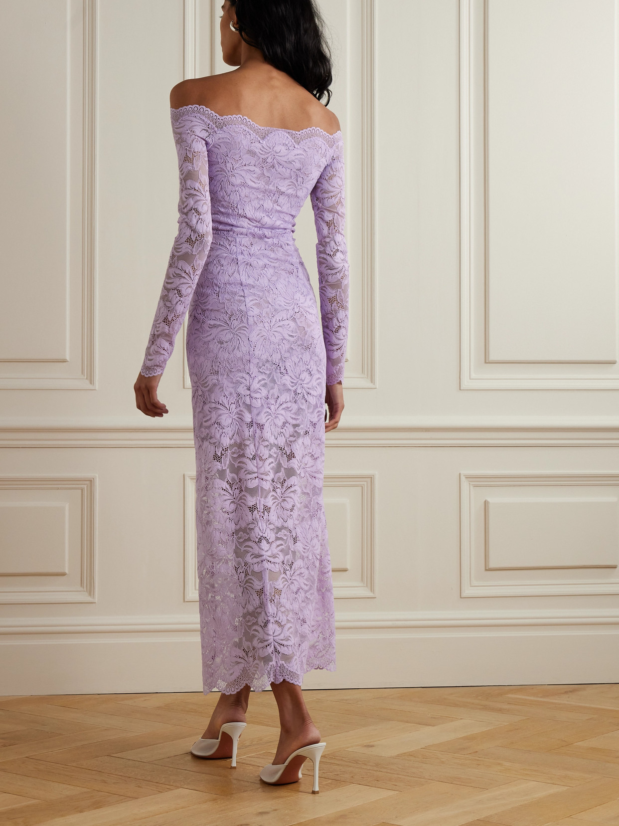 Rabanne Womens French Lavander Off-shoulder Long-sleeves Lace Midi Dress In Purple