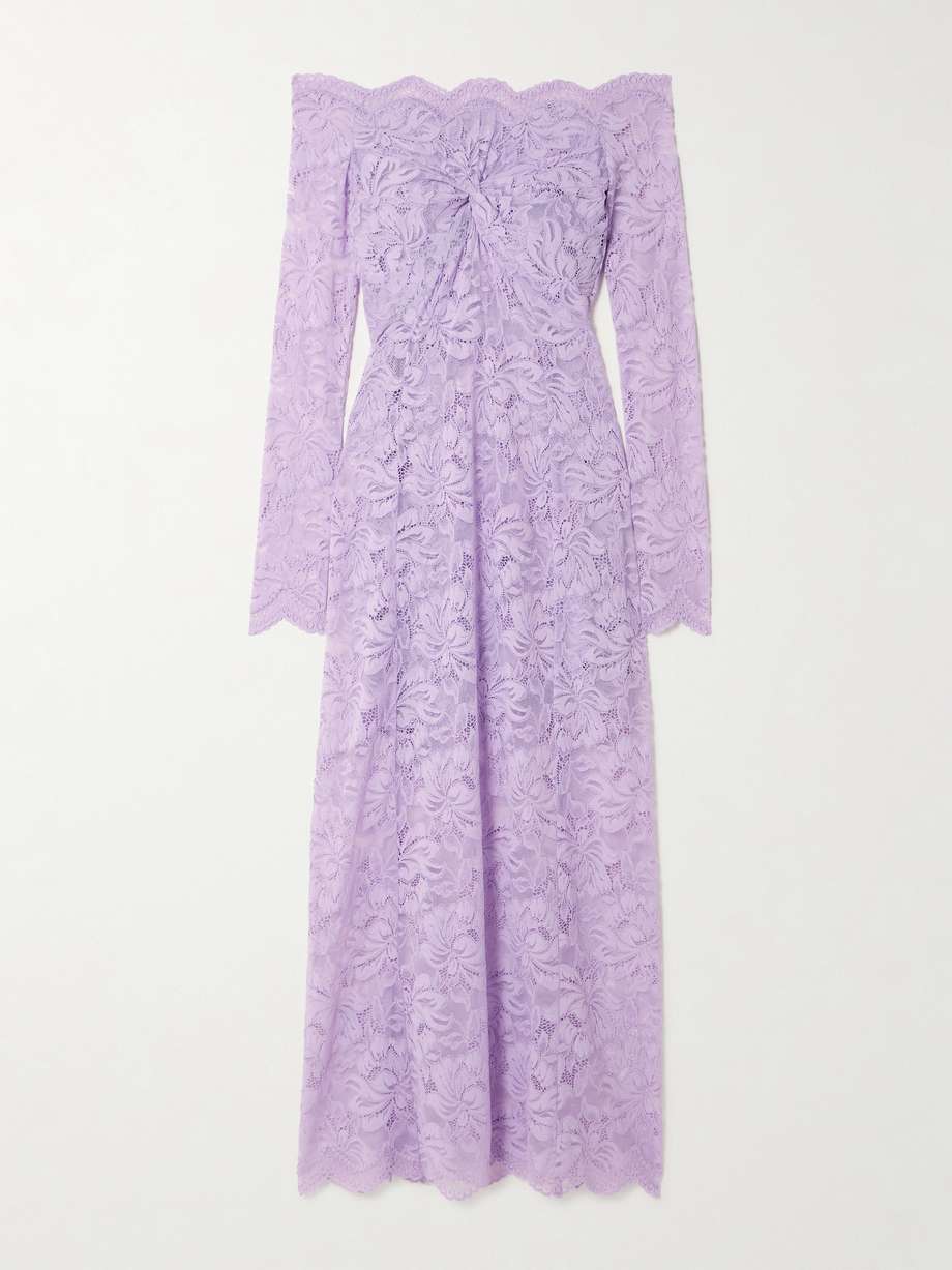 off-the-shoulder twist-front guipure lace midi dress