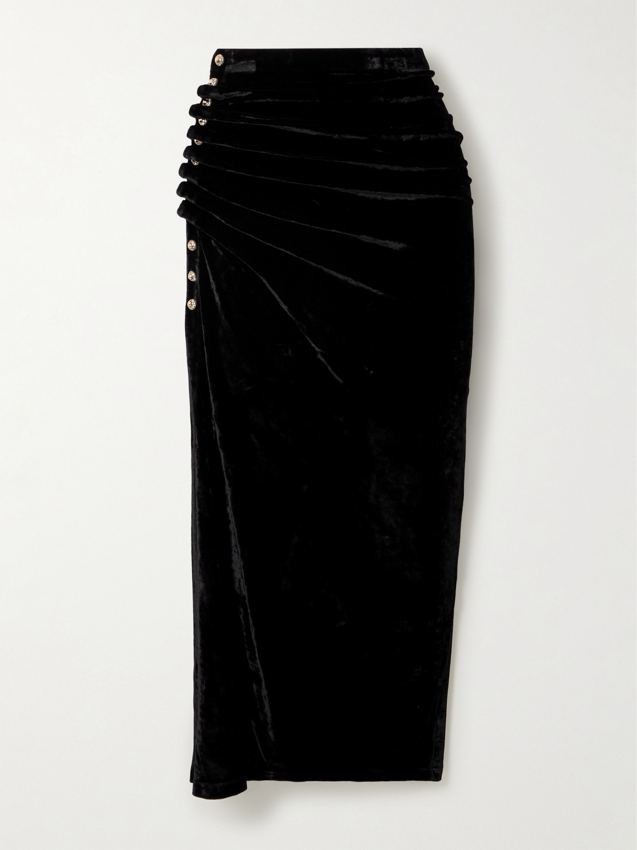Rabanne Embellished Ruched Velvet Midi Skirt In Black