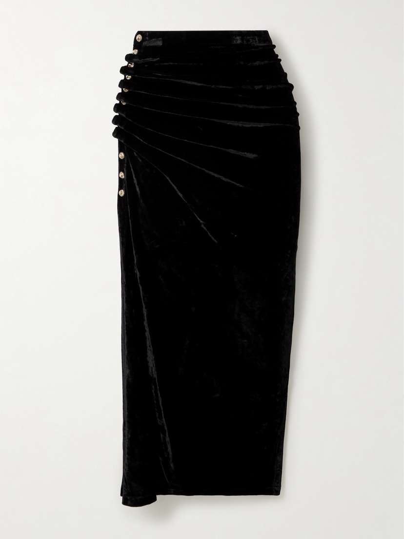 Rabanne Embellished Ruched Velvet Midi Skirt