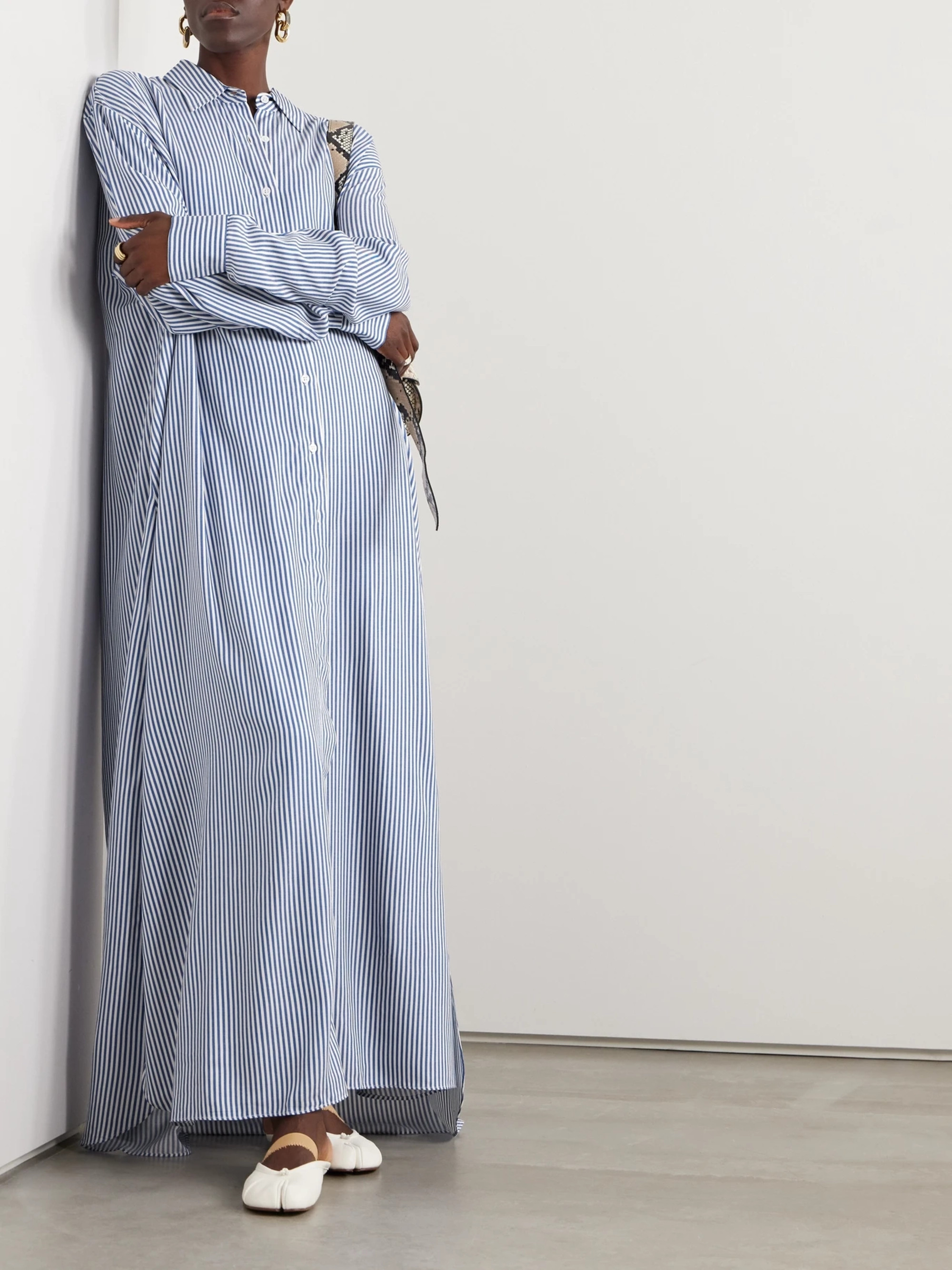 The Frankie Shop Avery oversized striped twill maxi shirt dress thumbnail