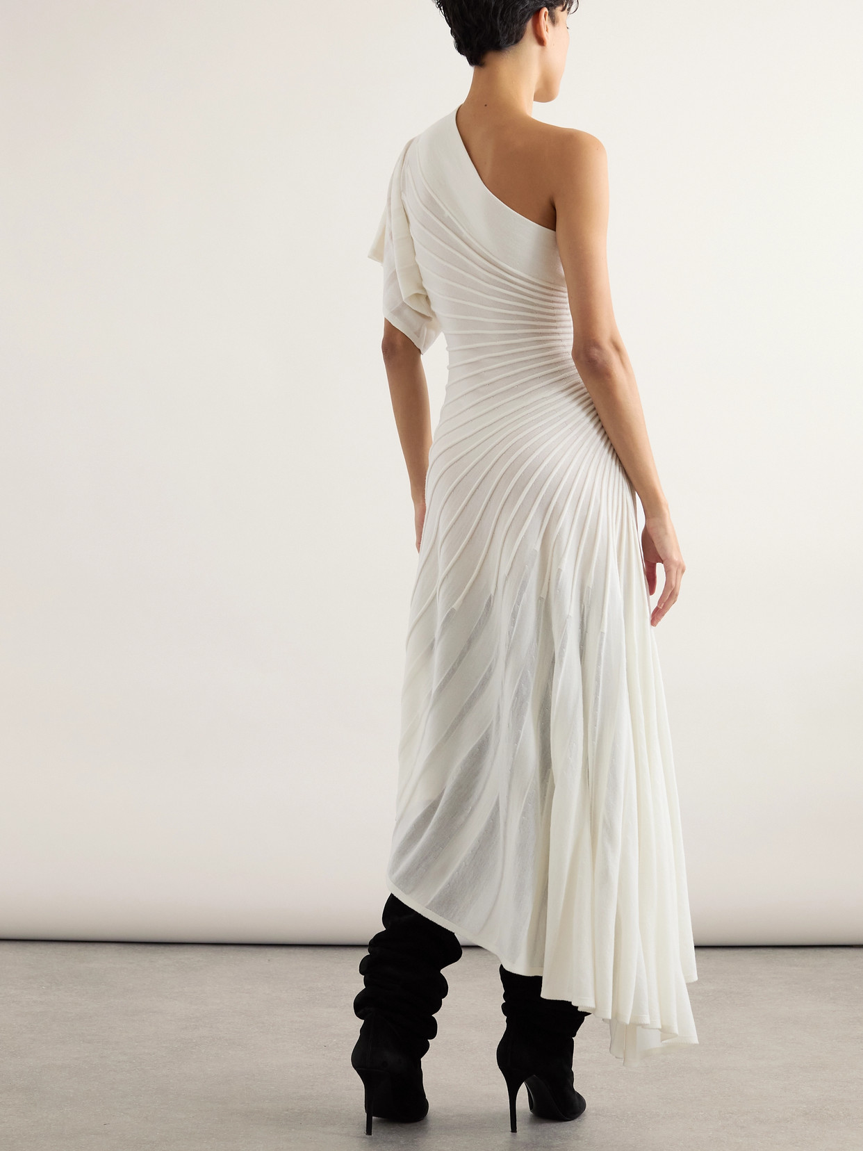 Alaïa One-shoulder Ribbed Wool Midi Dress In White