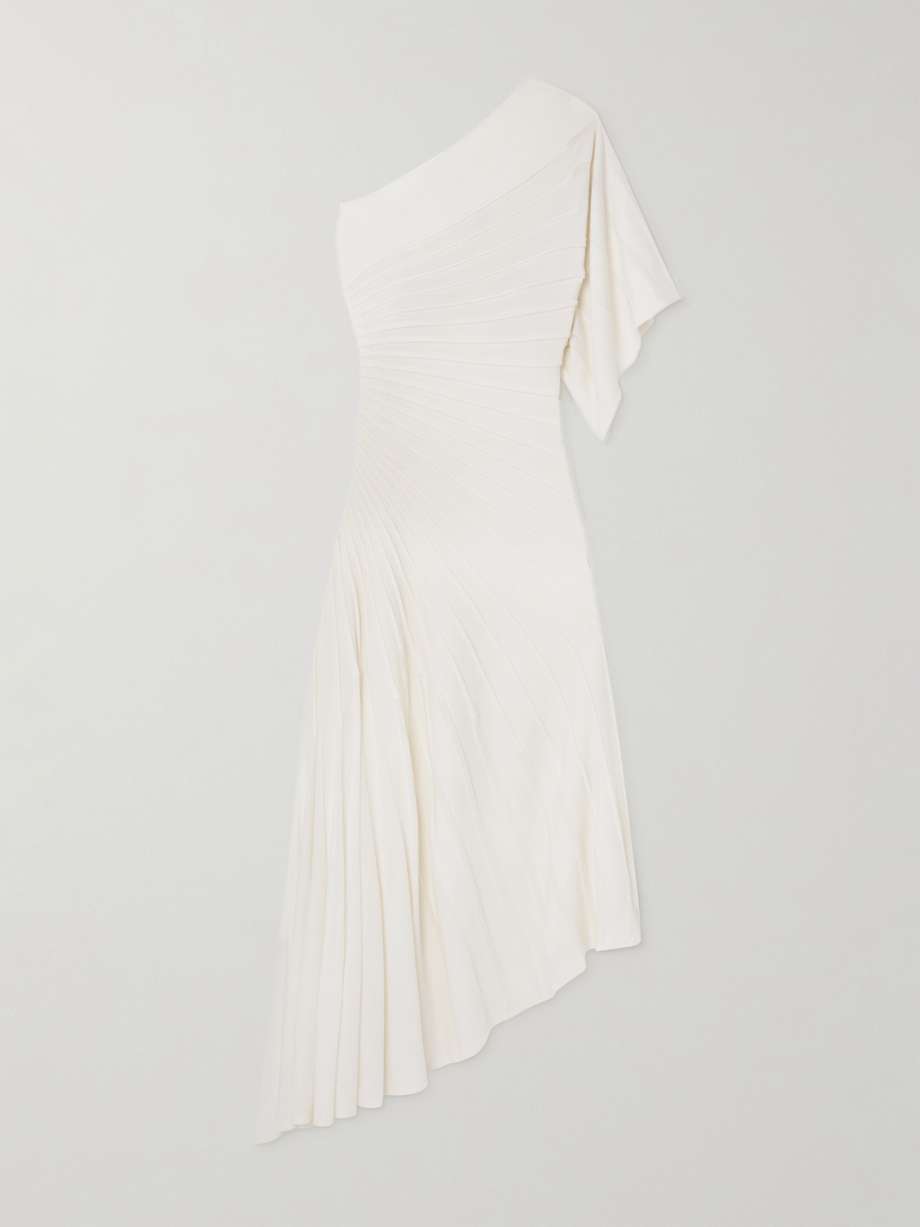 one-shoulder ribbed wool midi dress