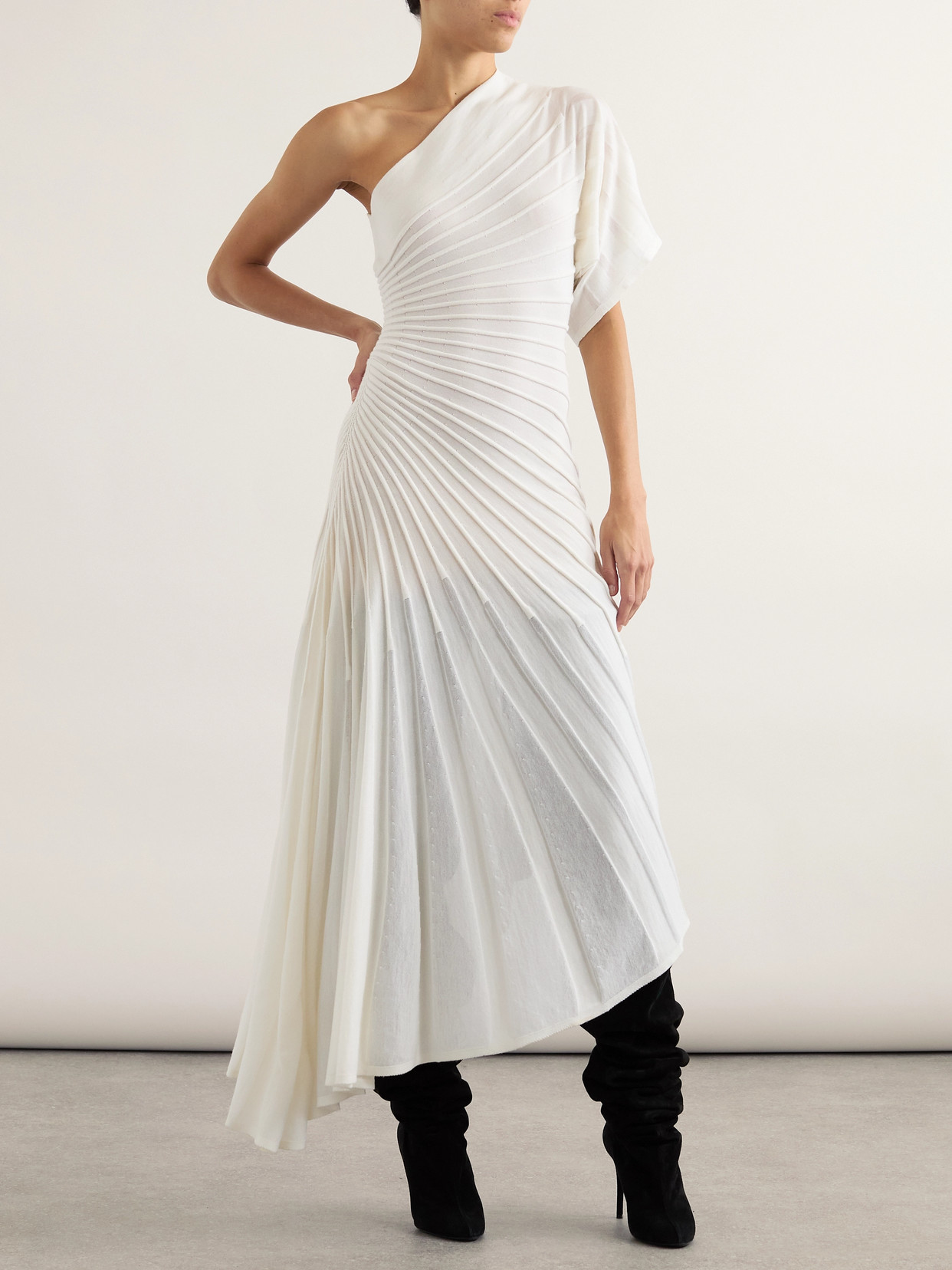 Alaïa One-shoulder Ribbed Wool Midi Dress In White