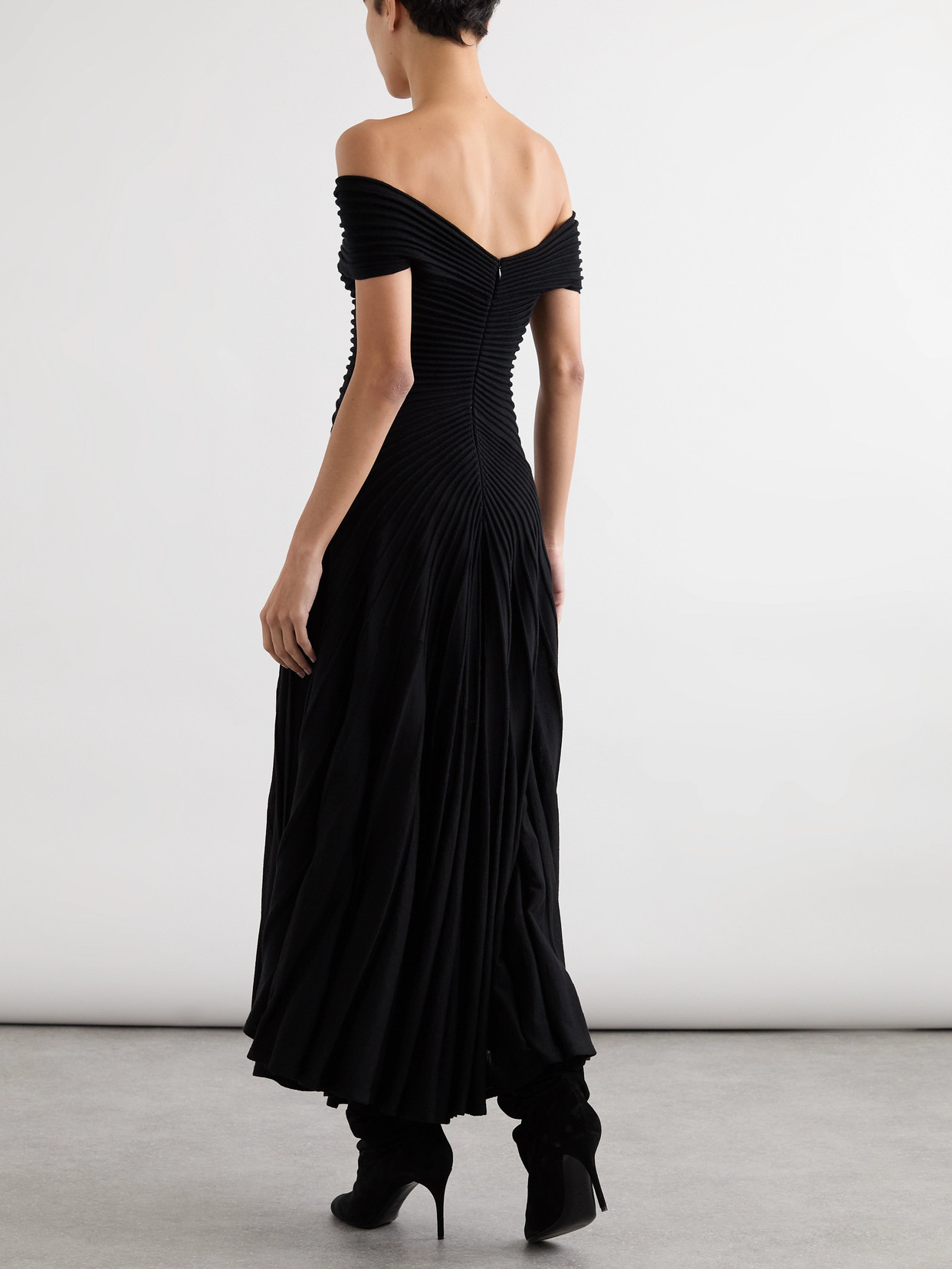 Alaïa Off-the-shoulder Asymmetric Ribbed Wool Midi Dress In Black