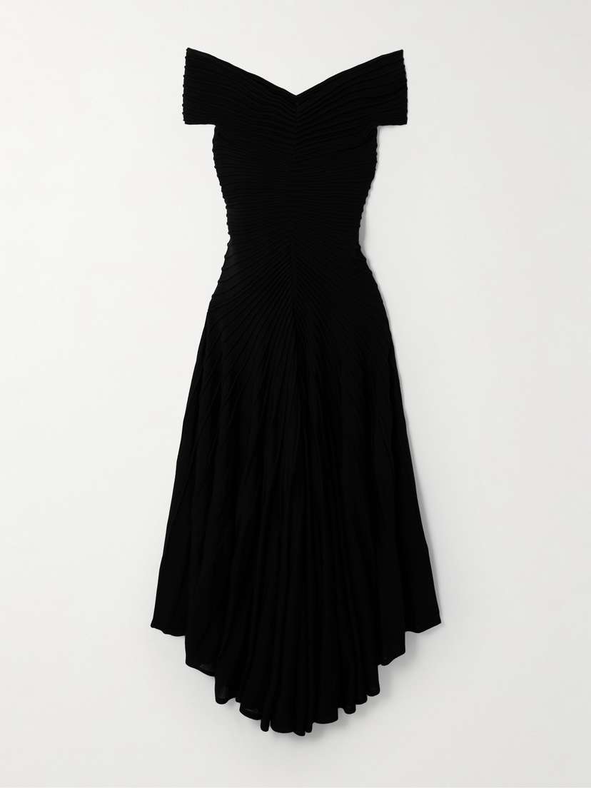 Alaïa Off-the-shoulder Asymmetric Ribbed Wool Midi Dress