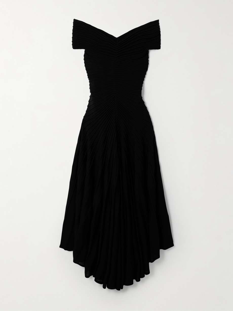 off-the-shoulder asymmetric ribbed wool midi dress