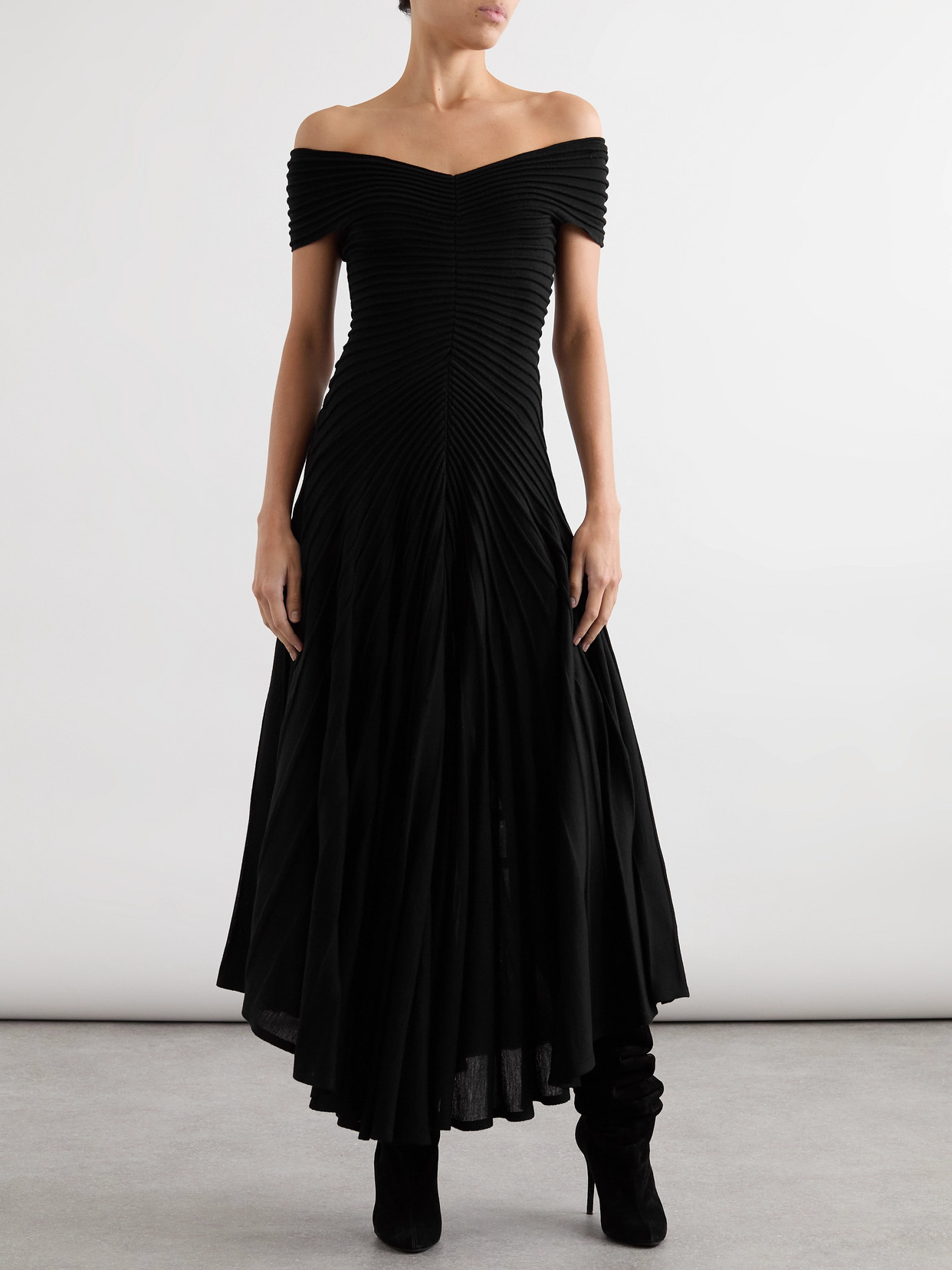 Alaïa Off-the-shoulder Asymmetric Ribbed Wool Midi Dress In Black