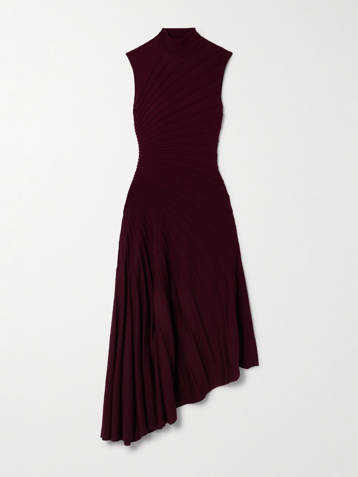 Alaïa Asymmetric Ribbed Wool Dress In Burgundy