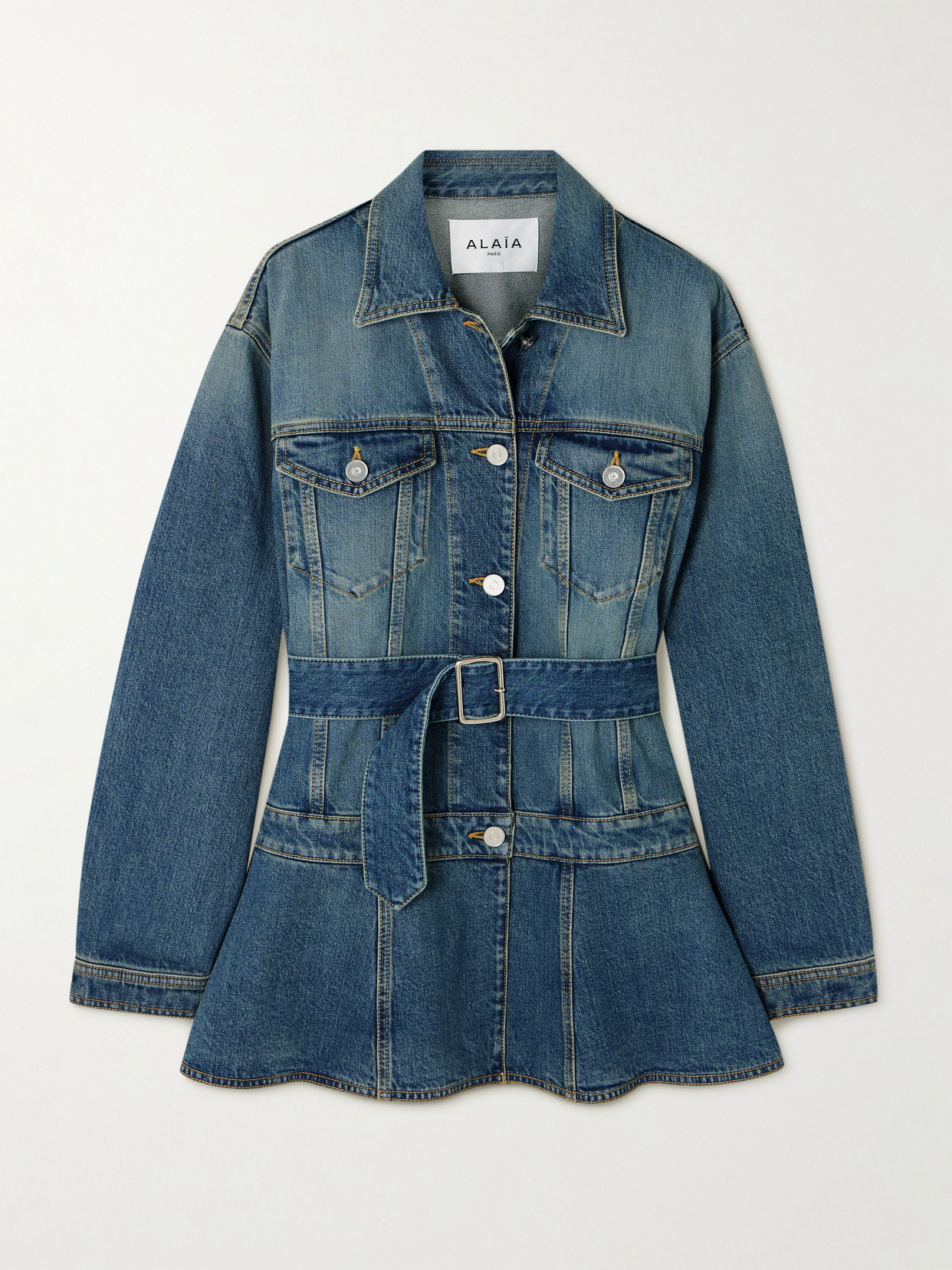Alaïa Womens Bleu Vintage Peplum-hem Belted Denim Jacket In Blue