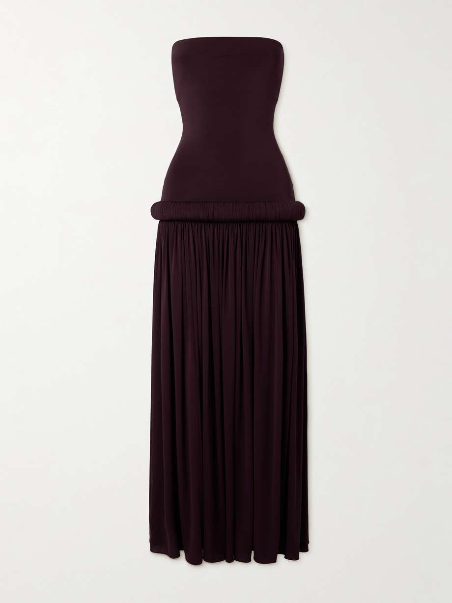 strapless pleated stretch-jersey midi dress