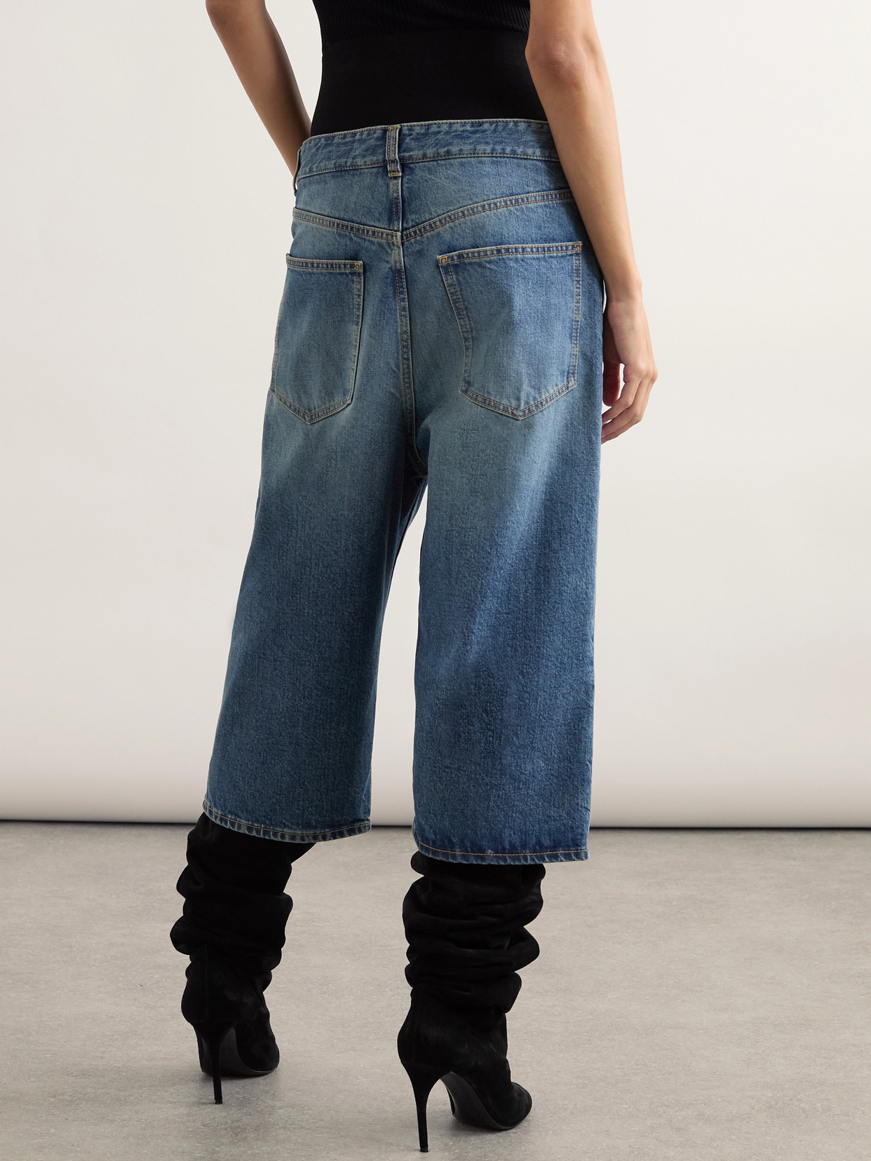 ALAÏA JERSEY-TRIMMED DENIM SHORTS
