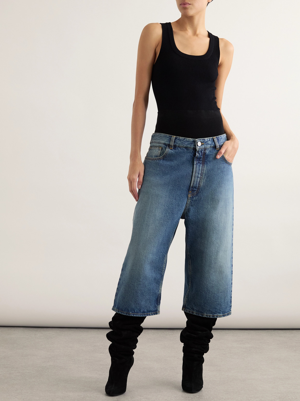 ALAÏA JERSEY-TRIMMED DENIM SHORTS