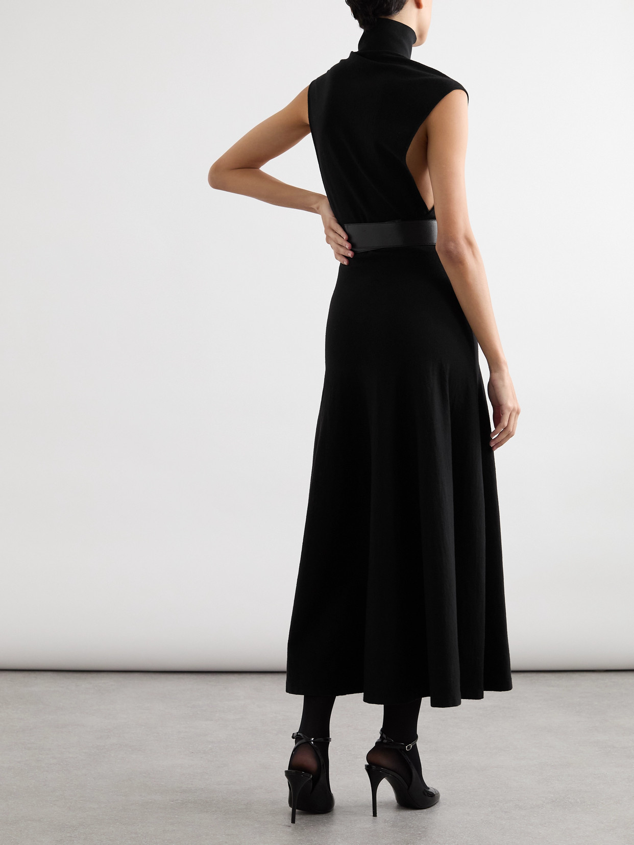 Alaïa Belted Leather-trimmed Wool-blend Turtleneck Midi Dress In Black
