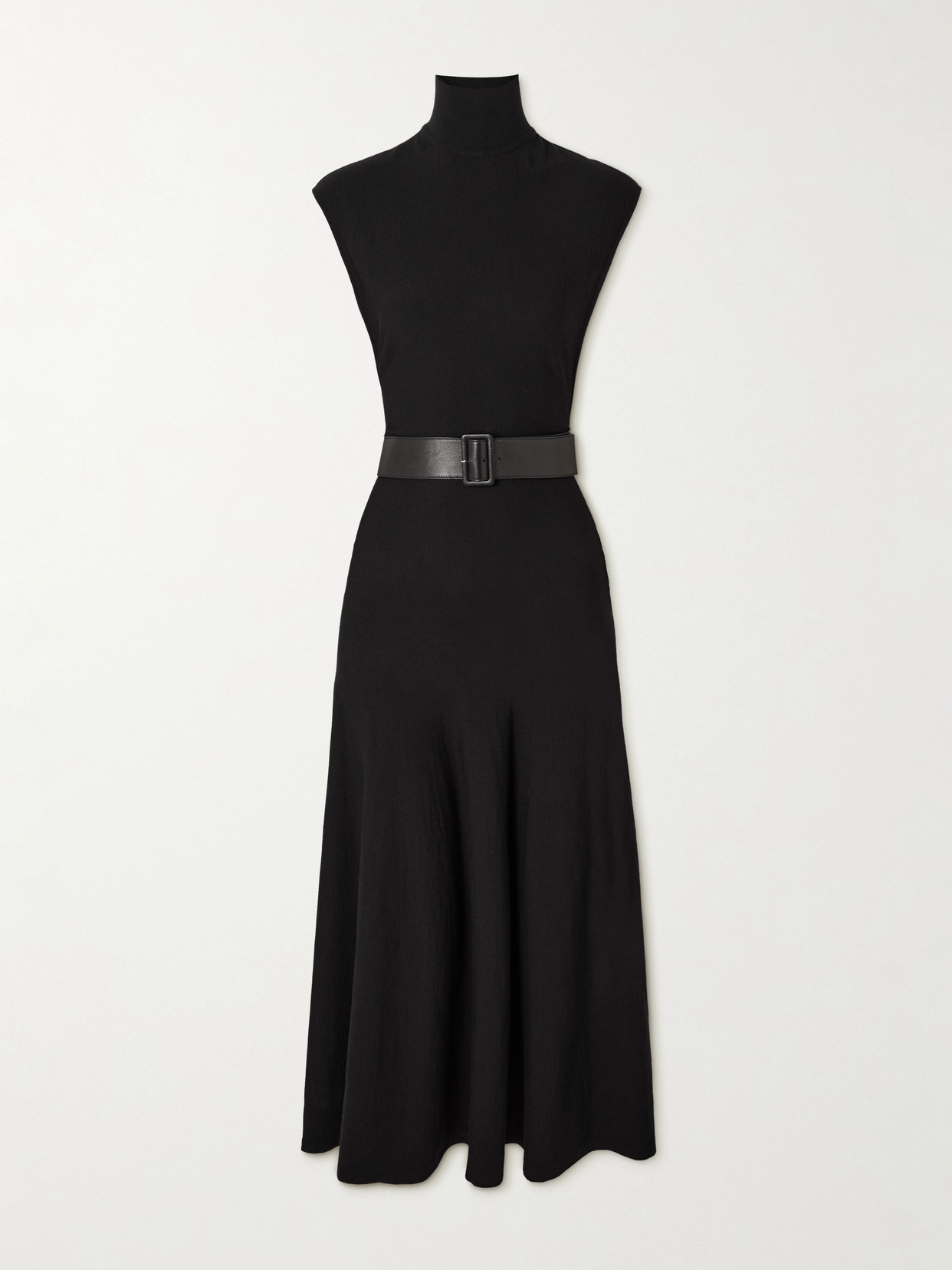 Alaïa Belted Leather-trimmed Wool-blend Turtleneck Midi Dress In Black