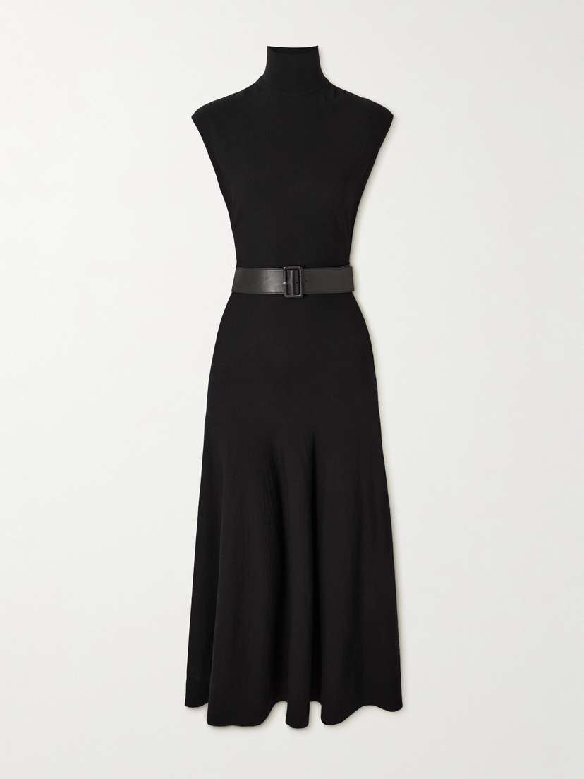 Alaïa Belted Leather-trimmed Wool-blend Turtleneck Midi Dress