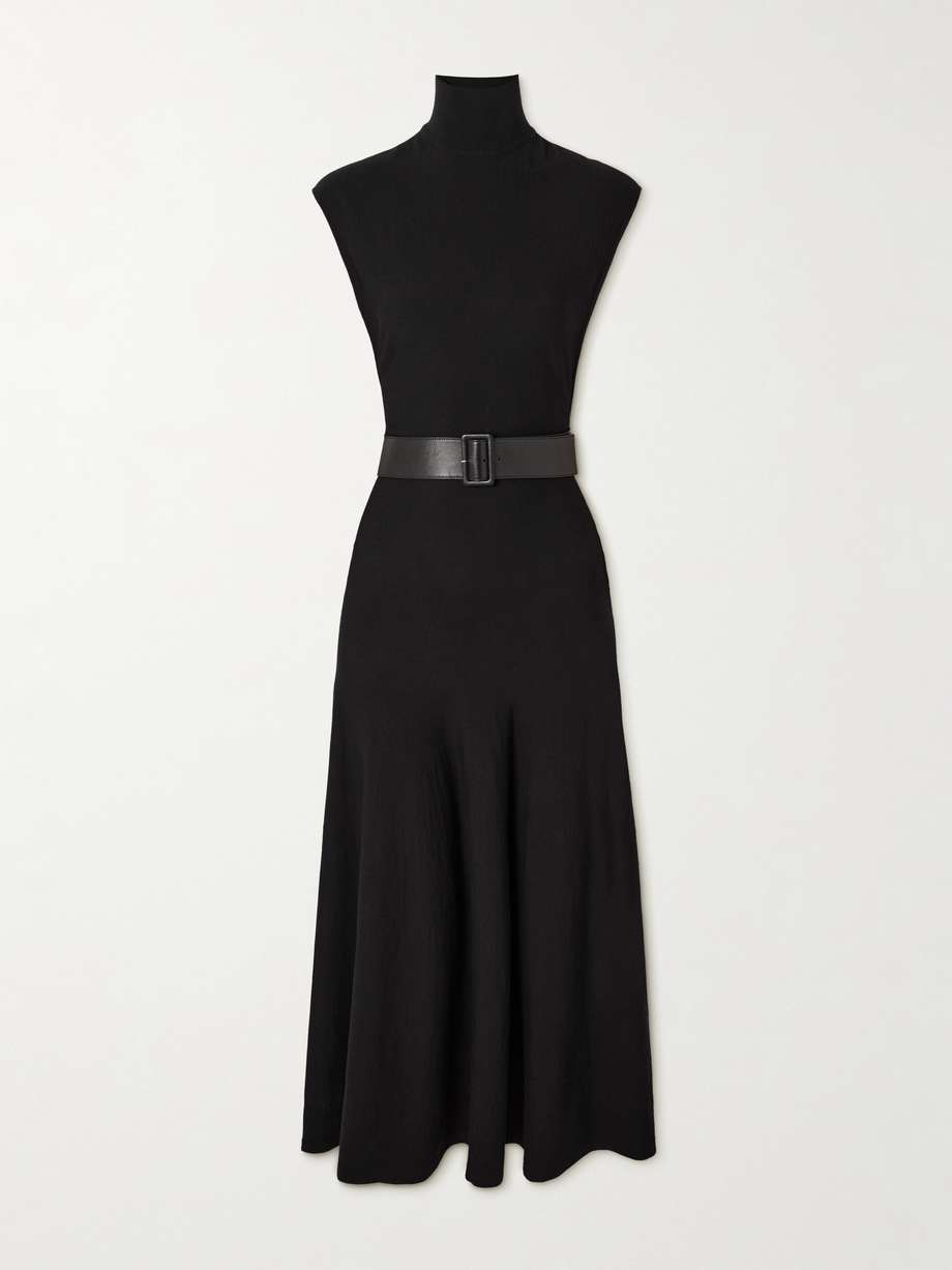 belted leather-trimmed wool-blend turtleneck midi dress