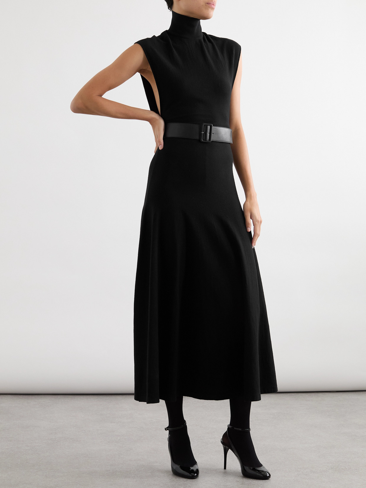 Alaïa Belted Leather-trimmed Wool-blend Turtleneck Midi Dress In Black
