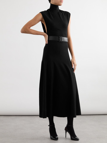 Alaïa Belted leather-trimmed wool-blend turtleneck midi dress
