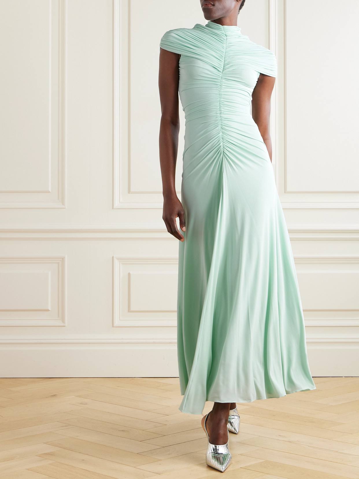 ALAÏA RUCHED JERSEY MIDI DRESS