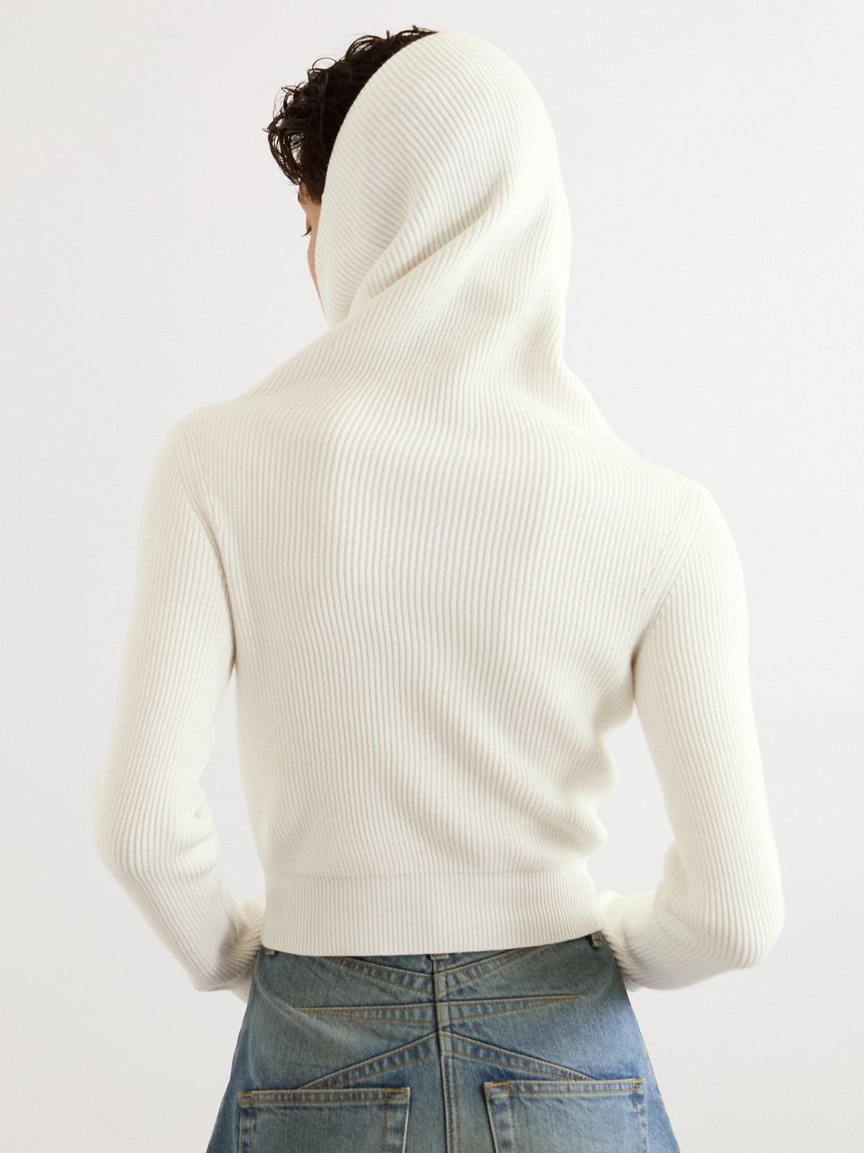 ALAÏA HOODED CROPPED RIBBED WOOL-BLEND SWEATER 