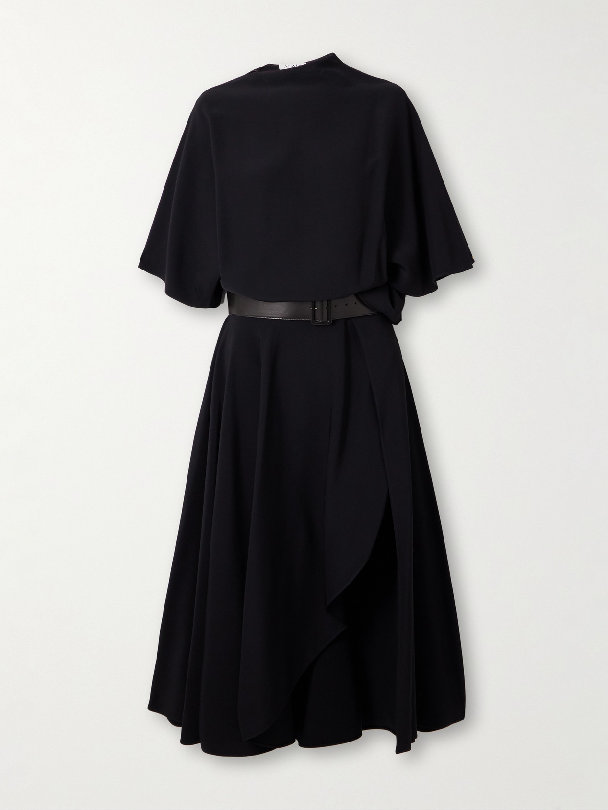 Alaïa - Asymmetric Draped Leather-trimmed Cady Midi Dress - Black