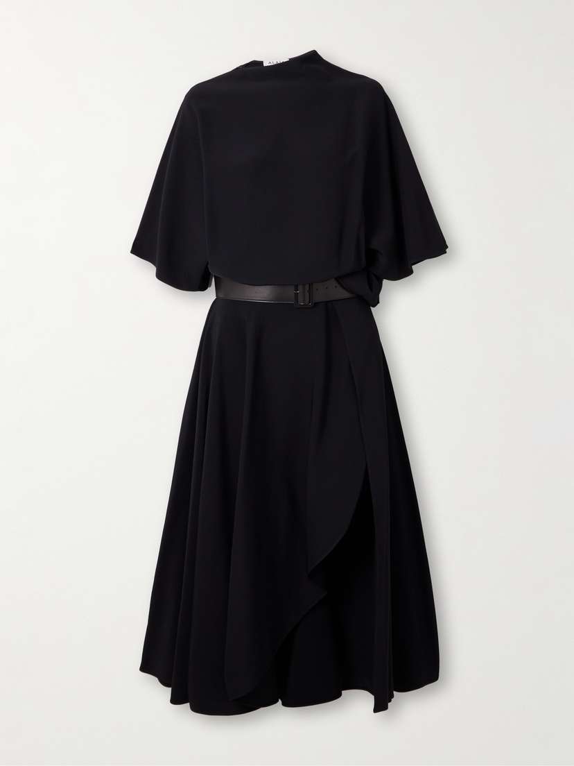 Alaïa Asymmetric Draped Leather-trimmed Cady Midi Dress