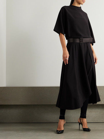 Alaïa Asymmetric draped leather-trimmed cady midi dress