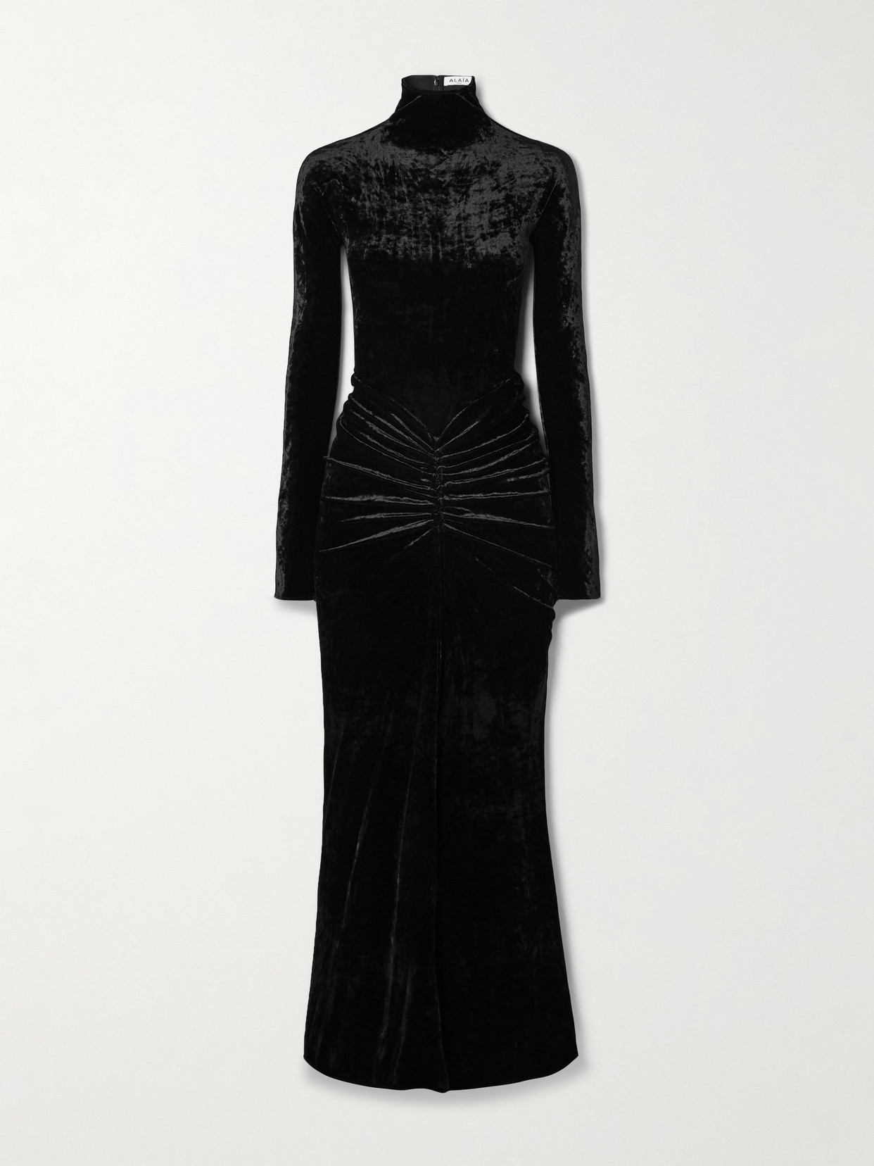 Alaïa - Ruched Crushed-velvet Turtleneck Midi Dress - Black