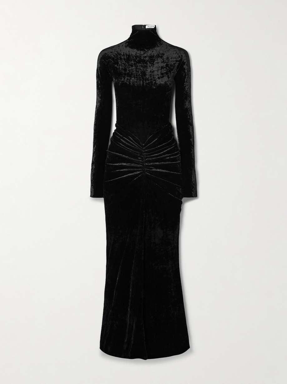 ruched crushed-velvet turtleneck midi dress