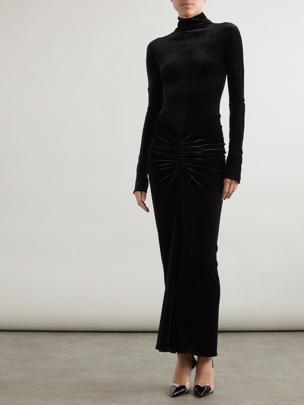 Alaïa Ruched Velvet Midi Dress In Black