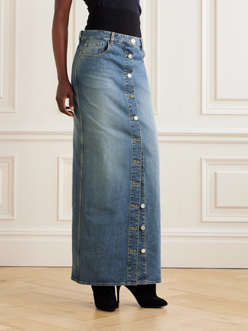 Alaïa Layered jersey-trimmed denim maxi skirt
