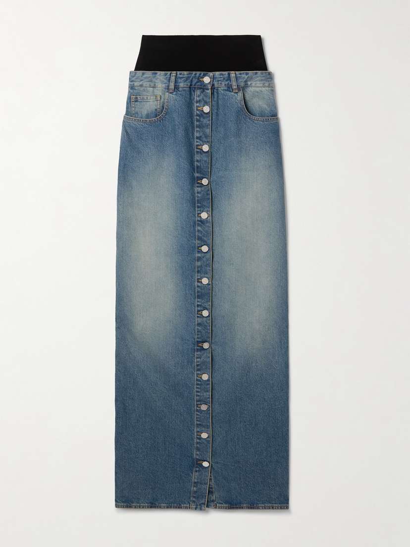 Alaïa Layered Jersey-trimmed Denim Maxi Skirt