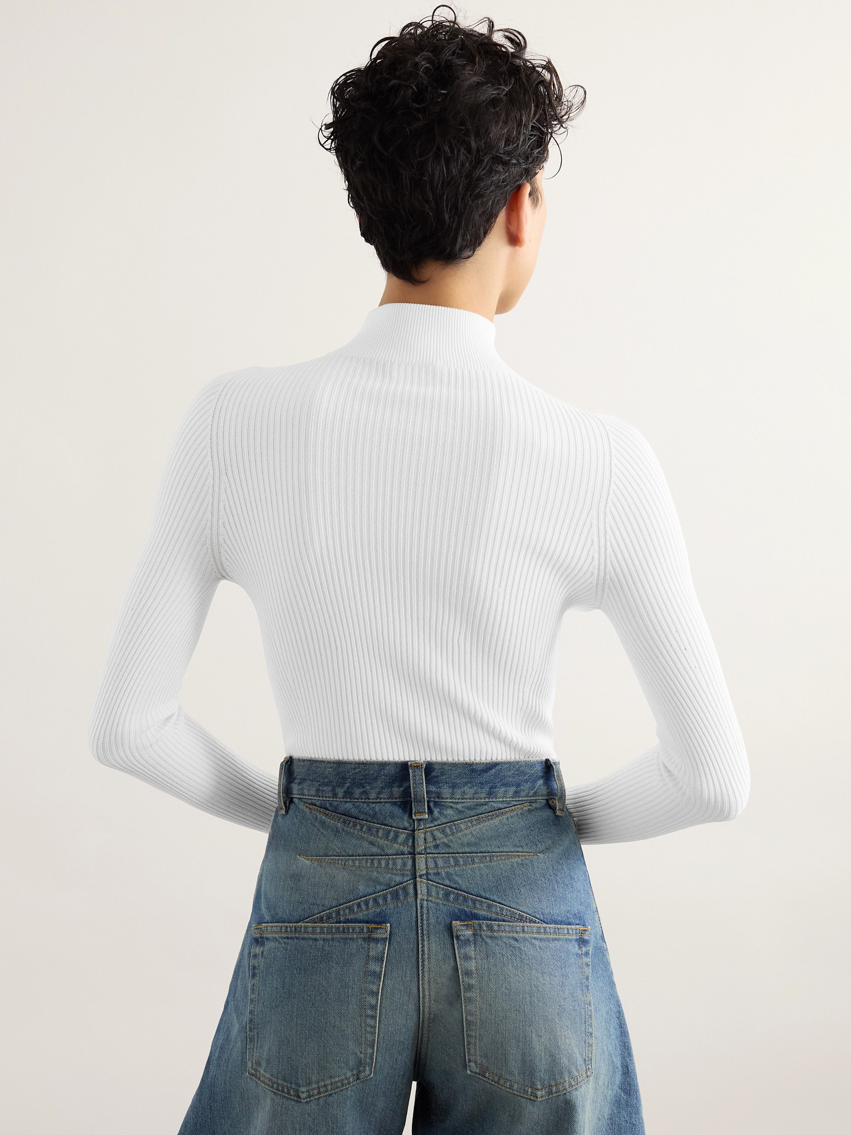 Shop Alaïa Ribbed-knit Turtleneck Bodysuit In White