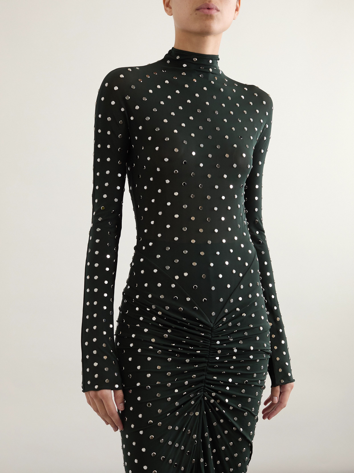 Shop Alaïa Studded Draped Stretch-jersey Midi Dress In Green