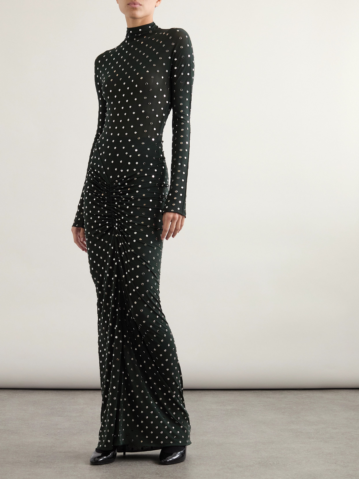 ALAÏA STUDDED DRAPED STRETCH-JERSEY MIDI DRESS
