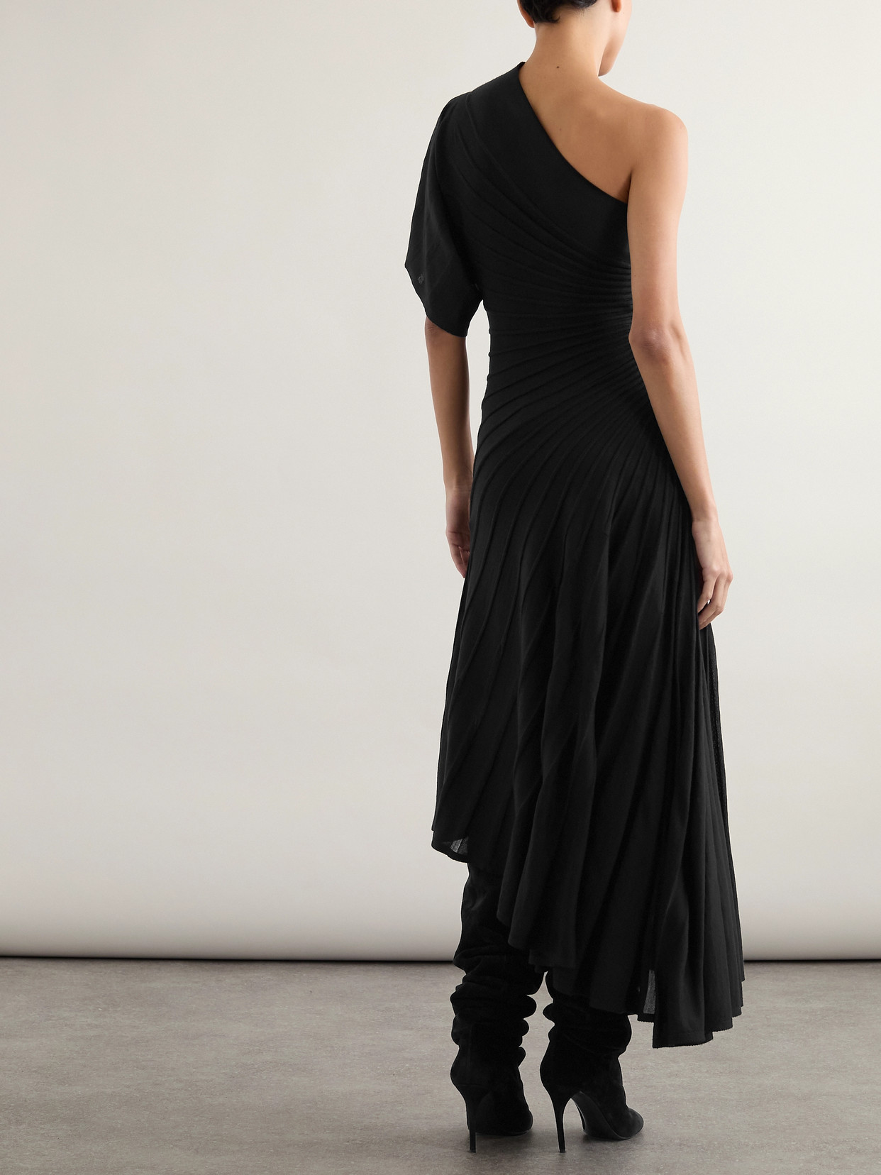 Shop Alaïa One-shoulder Ribbed Wool Midi Dress In Black