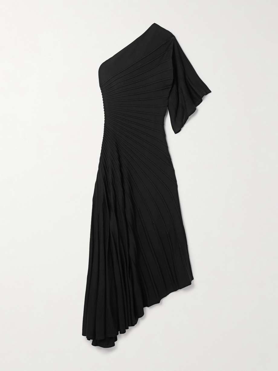 one-shoulder ribbed wool midi dress