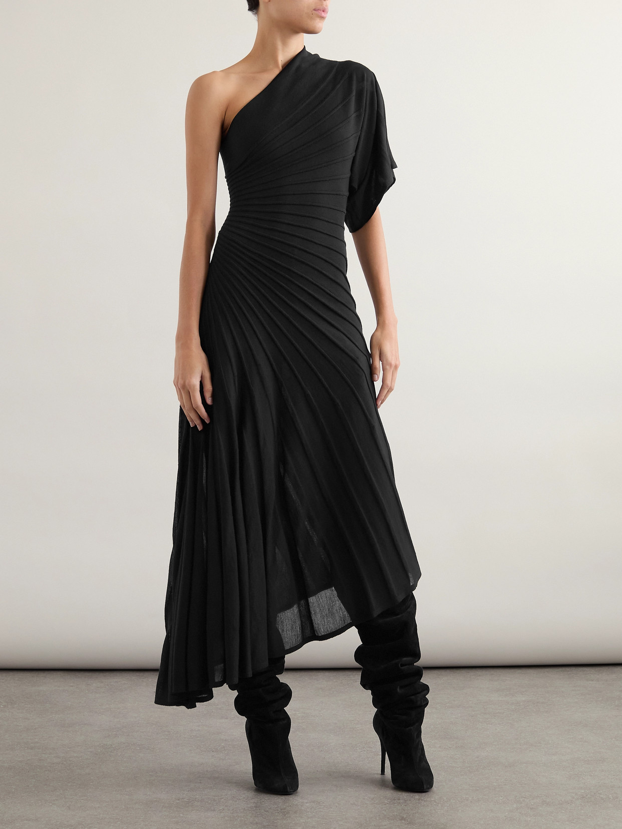 Shop Alaïa One-shoulder Ribbed Wool Midi Dress In Black