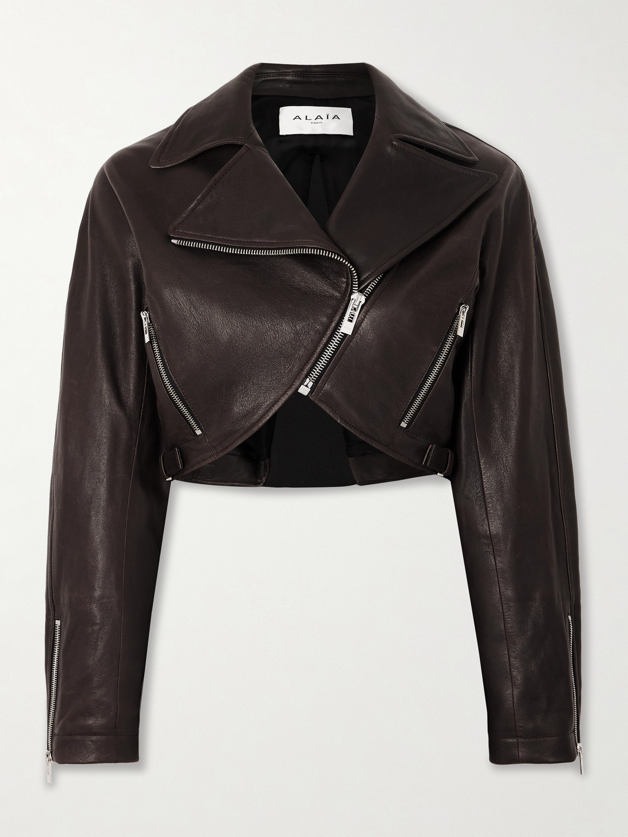 Alaïa - Cropped Leather Biker Jacket - Dark brown