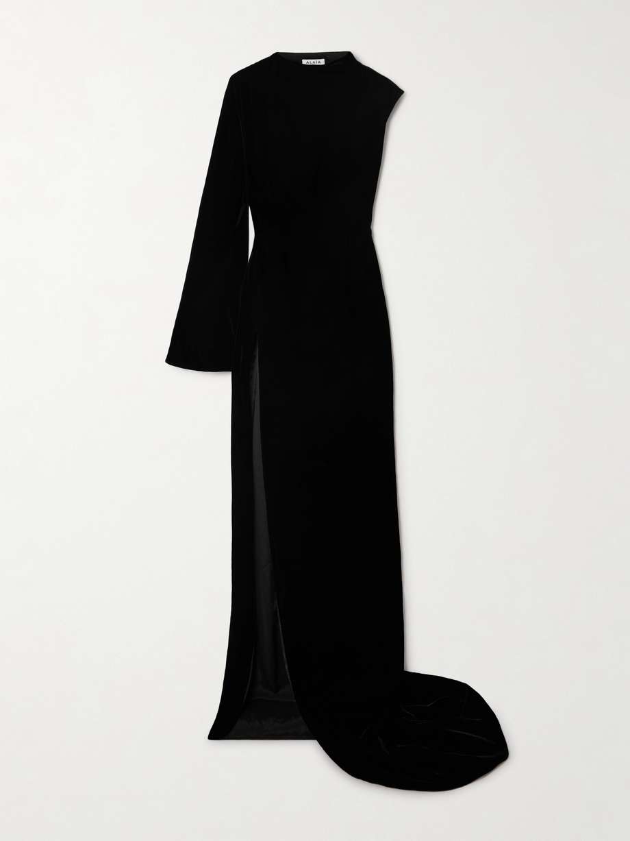 one-shoulder cutout velvet gown