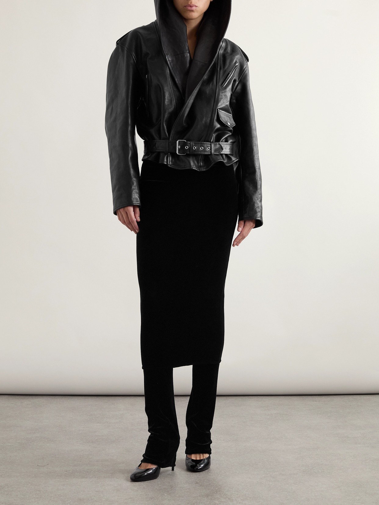 ALAÏA LAYERED STRETCH-VELVET STRAIGHT-LEG PANTS