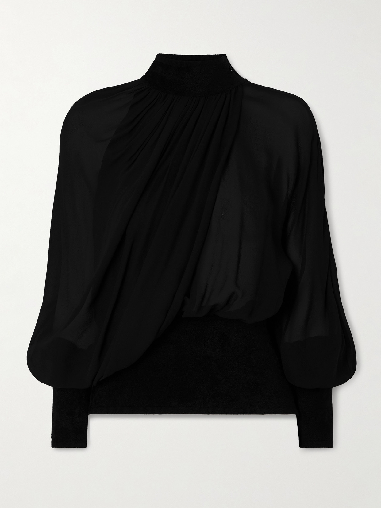 Alaïa Turtleneck Asymmetric Chiffon Blouse In Black