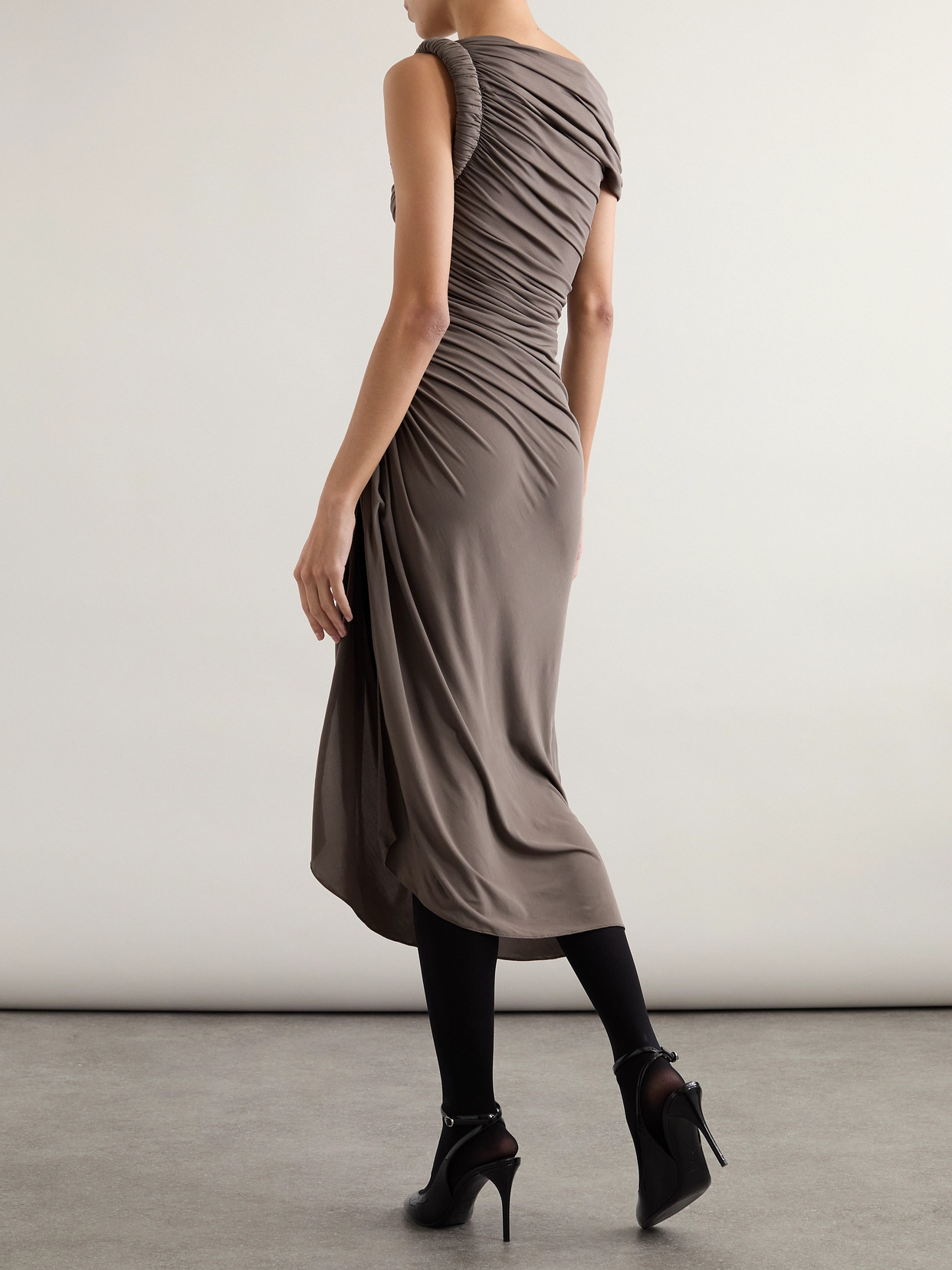 Shop Alaïa One-shoulder Draped Stretch-jersey Midi Dress In Brown