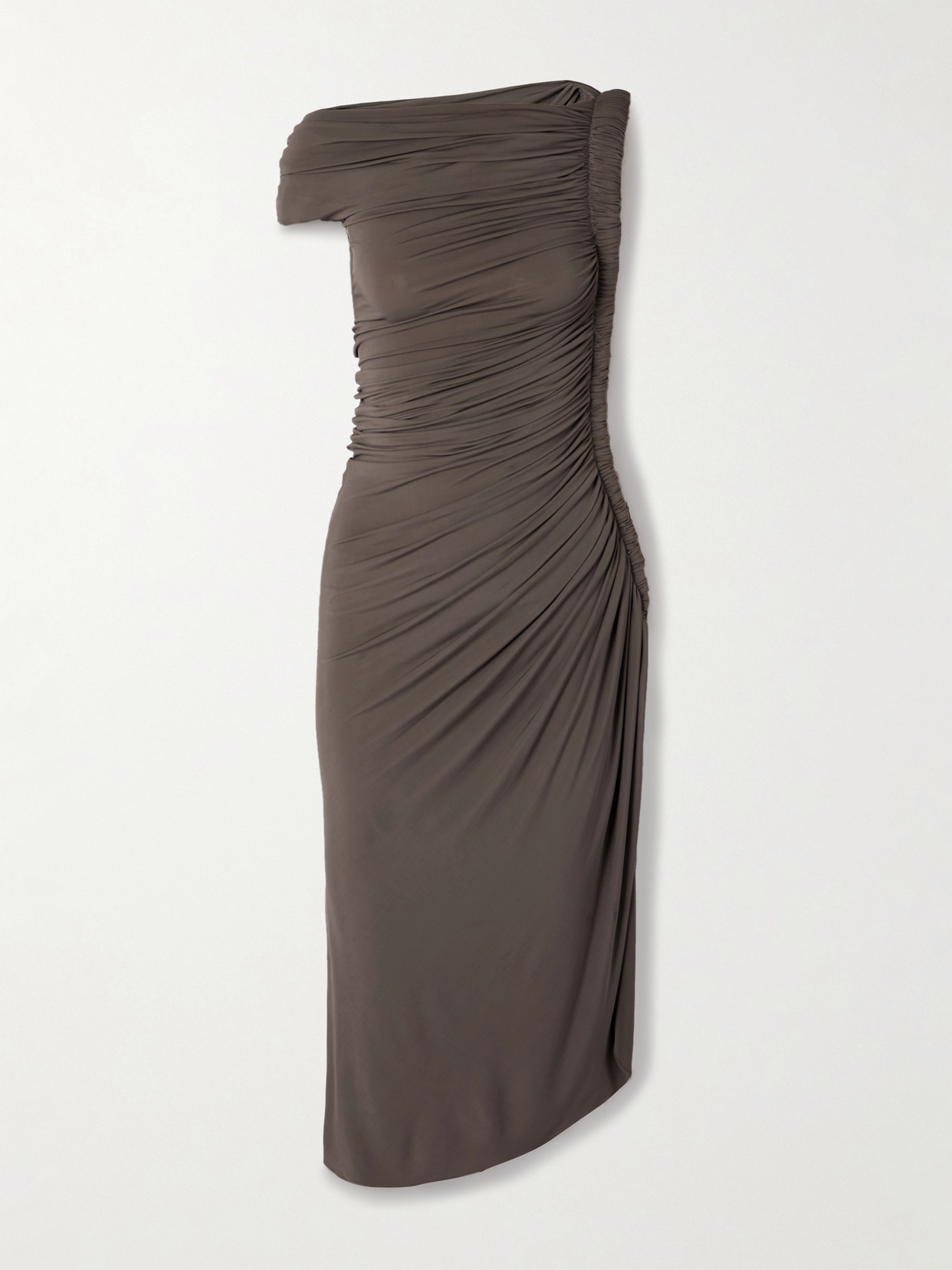 Alaïa One-shoulder Draped Stretch-jersey Midi Dress In Brown