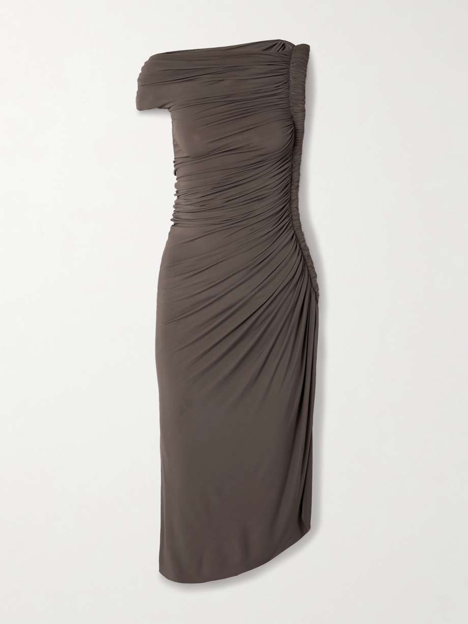 one-shoulder draped stretch-jersey midi dress